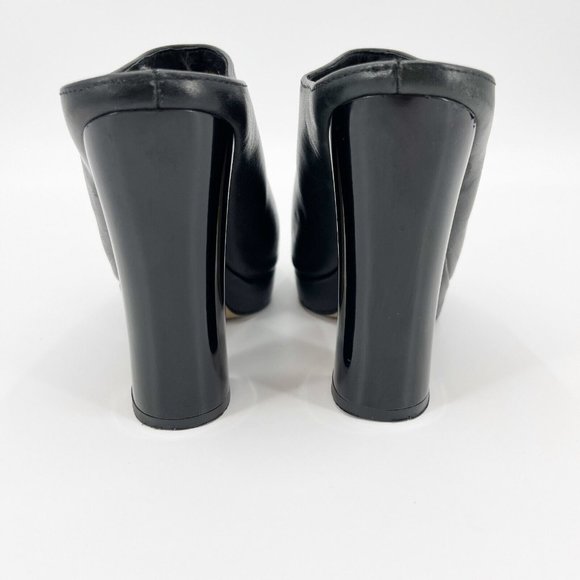 Black Leather Platform Mule Peep Toe Patent Block Heels - Picture 7 of 9